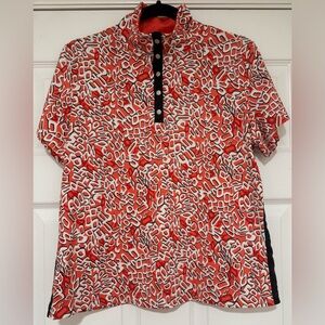 EUC Tail womens active shirt high neck metal snaps salmon navy sz L